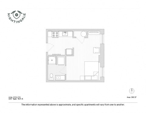 Floor plan for studio, 1 bath, 374 sqft